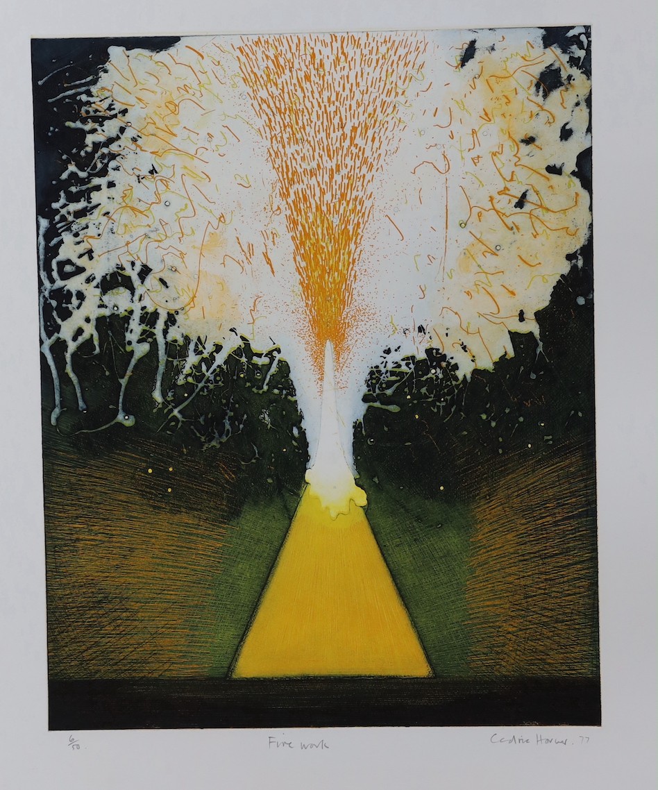 Cedric Horner (1937 - 2003), eight limited edition etchings, Plantation in Winter 29/50, Firework 6/50, The Visit 19/50, Christmas Tree 2/25 and 14/25, Fairground Figure, together with a figure sketch (8)